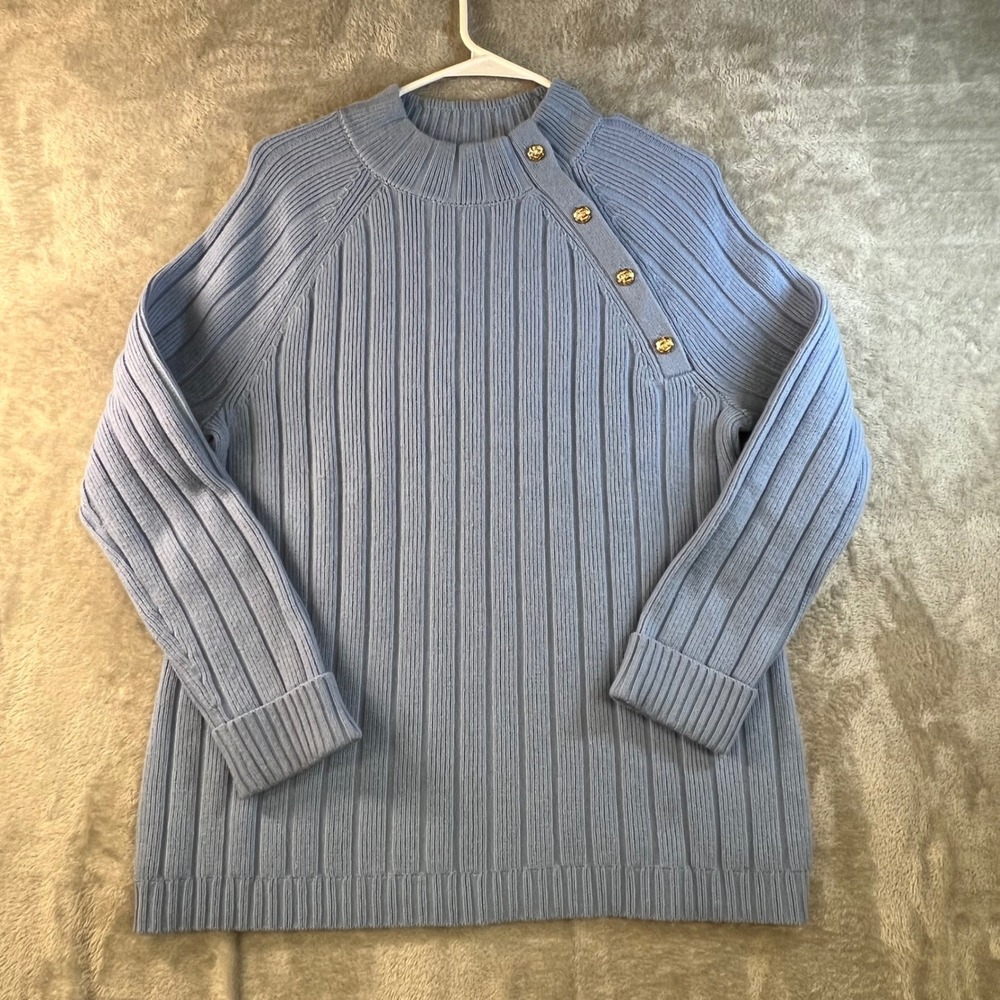 Talbots Ribbed Mock Neck Button Accent Sweater Light Blue Women's Size L‎